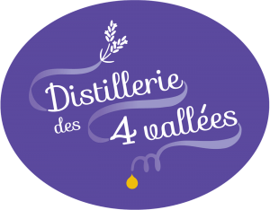 Logo de la distillerie des 4 Vallées, couleur lavande avec la goutte d'huile essentielle