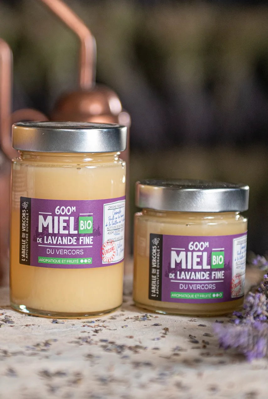 Pot de miel de lavande BIO de 250 g et 400 g.