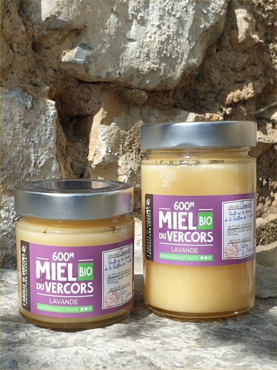 Pot de miel de lavande BIO de 250 g et 400 g.