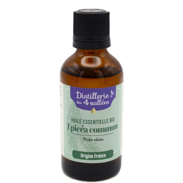 Flacon d'huile essentielle d'épicéa commun.