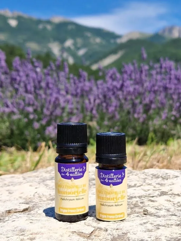 Huile essentielle d'immortelle bio en flacons de 5 ml et 10 ml.