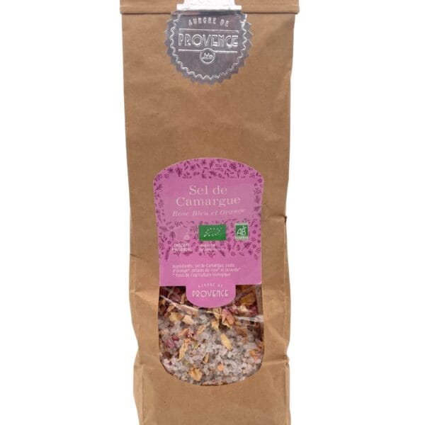 Sel de Camargue aux pétales de rose, fleurs de lavande et zeste d’orange bio, 250 g