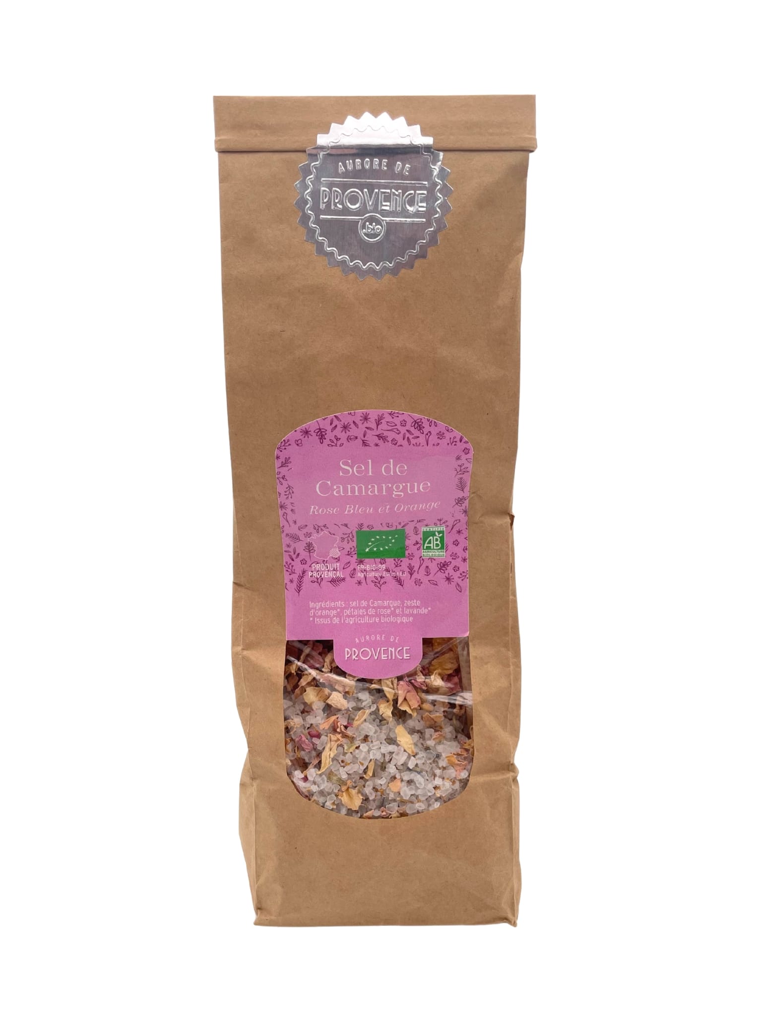 Sel de Camargue aux pétales de rose, fleurs de lavande et zeste d’orange bio, 250 g