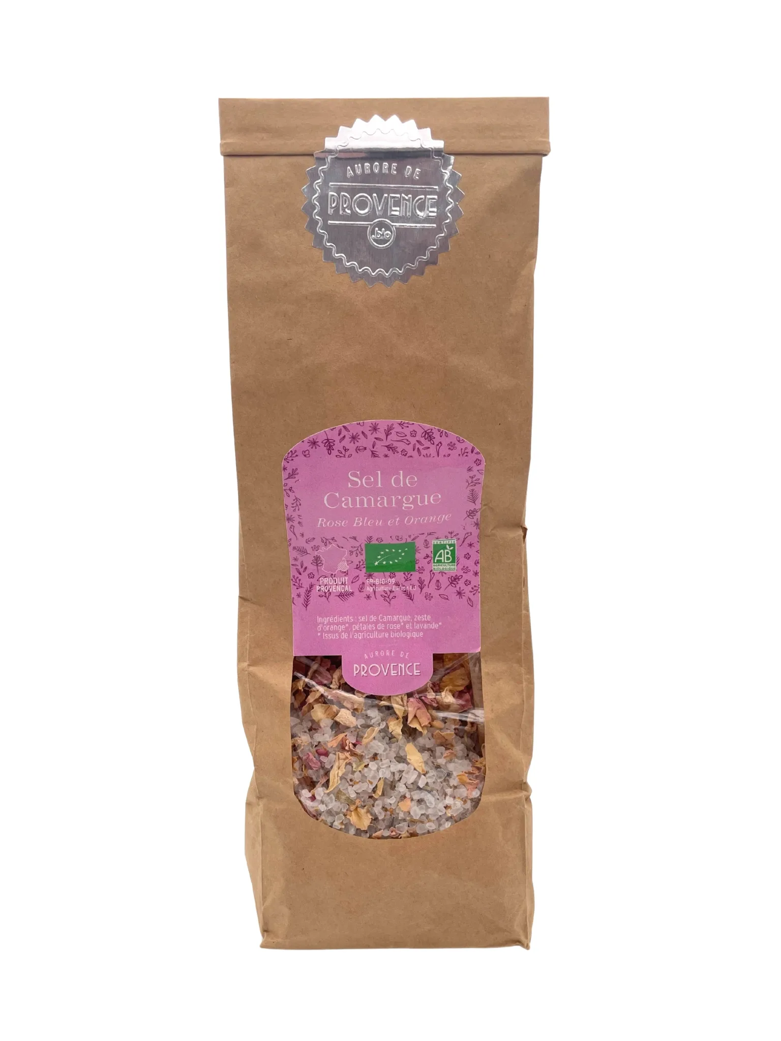 Sel de Camargue aux pétales de rose, fleurs de lavande et zeste d’orange bio, 250 g