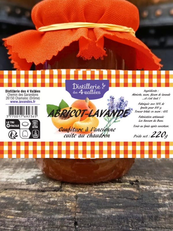 Pot de confiture abricot-lavande fine 220 g, Distillerie des 4 Vallées