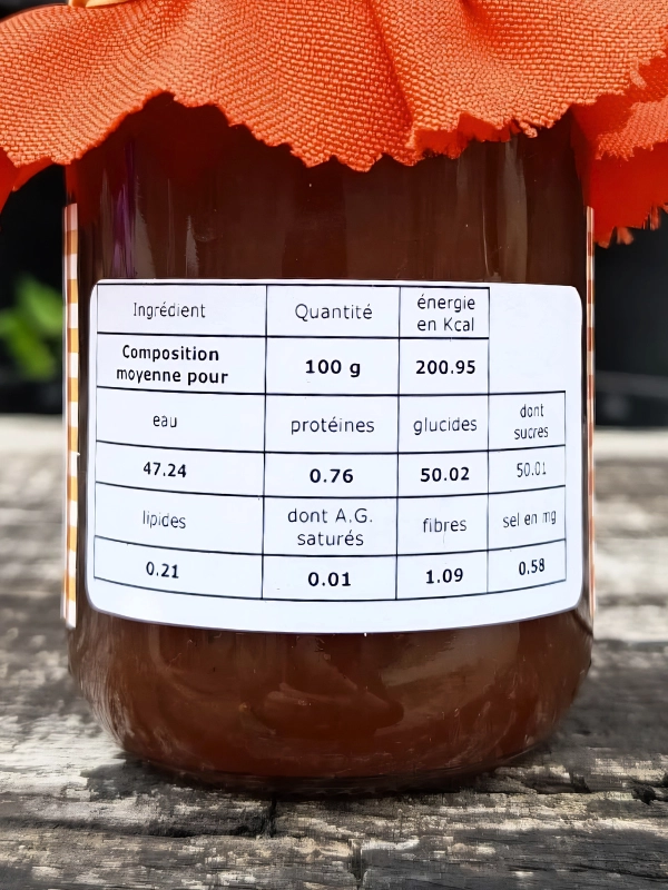 Étiquette nutritionnelle de la confiture abricot-lavande, 220 g