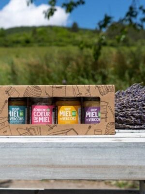 Coffret cadeau pots de miels BIO: 3 miels et 1 bonbon