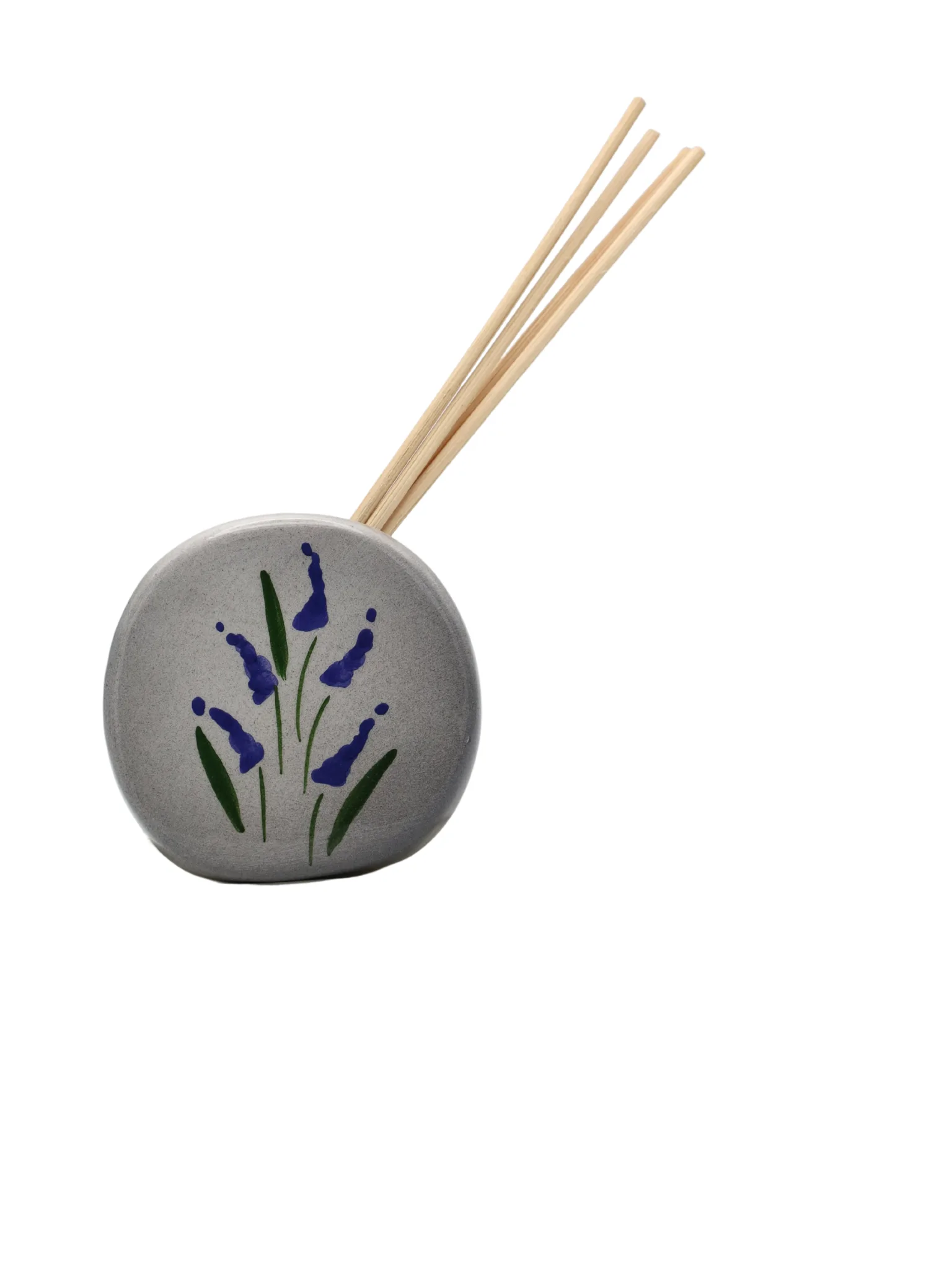 Diffuseur à bâtonnets pour huile essentielle de lavande, en céramique décorée à la main avec un motif de fleurs de lavande. Fabrication artisanale en France.