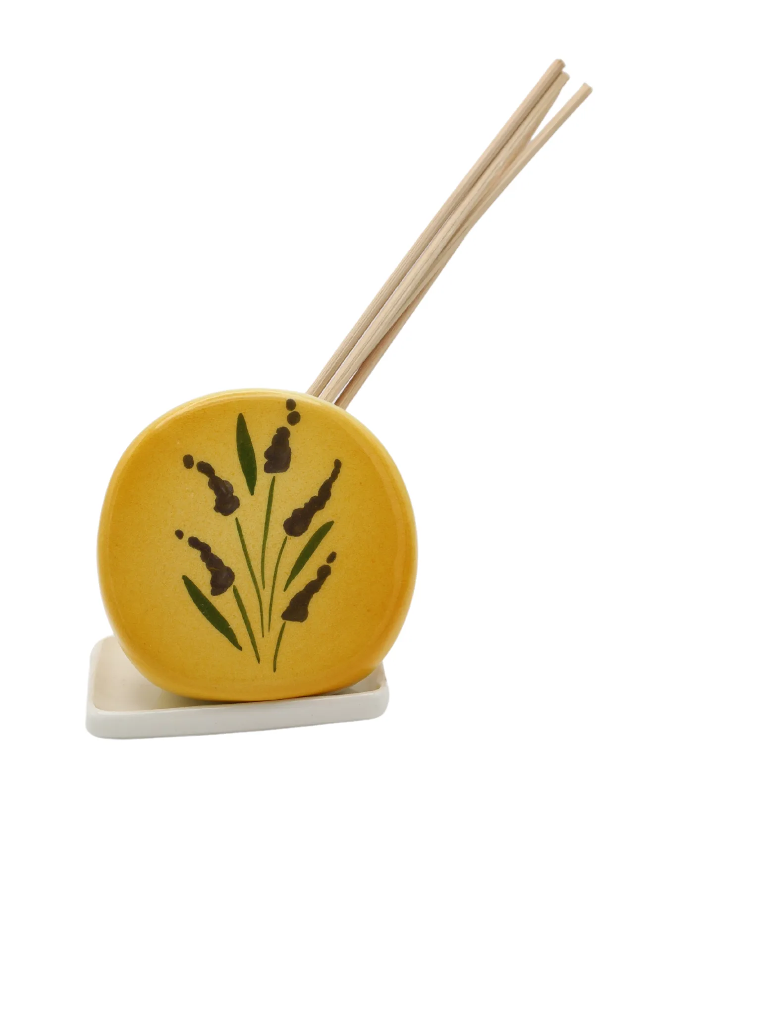 Diffuseur à bâtonnets pour huile essentielle de lavande, en céramique décorée à la main avec un motif de fleurs de lavande. Fabrication artisanale en France.