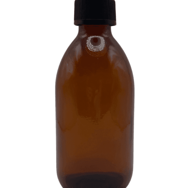 Flacon en verre ambré vide avec bouchon à vis noir, idéal pour huiles essentielles ou hydrolats, 250 mL.