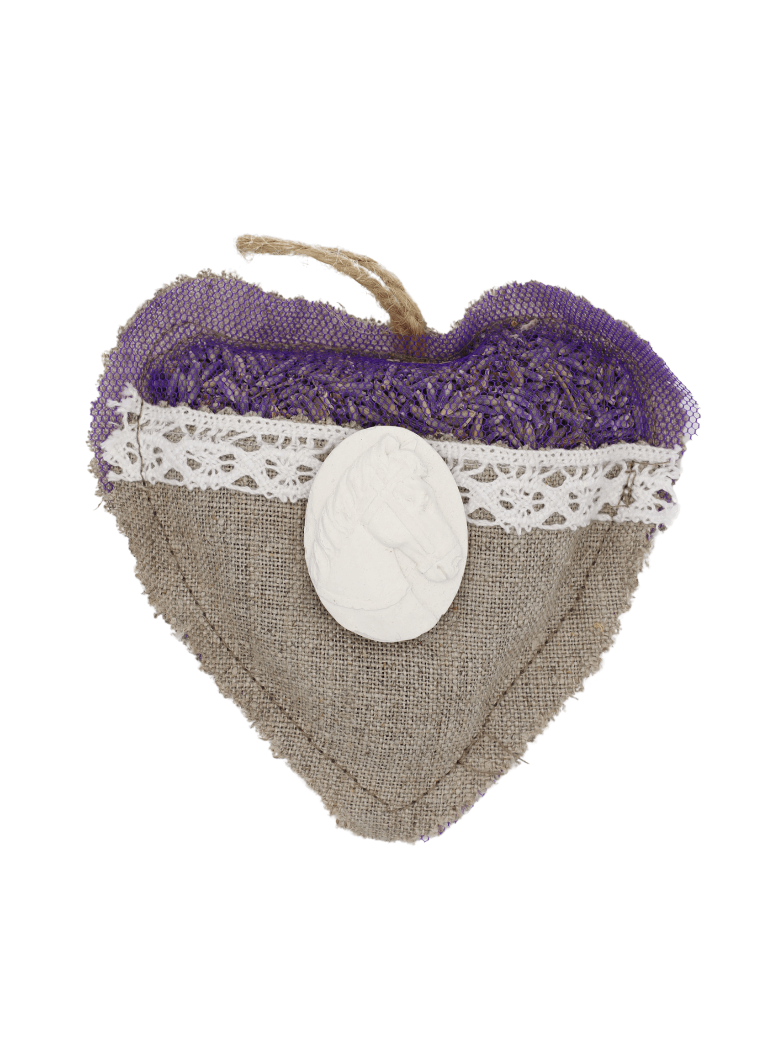 Sachet parfumé cœur Camay Cheval pochon garni de fleurs de lavande, médaillon cheval, déco armoire ou tiroir, fabrication artisanale Drômoise
