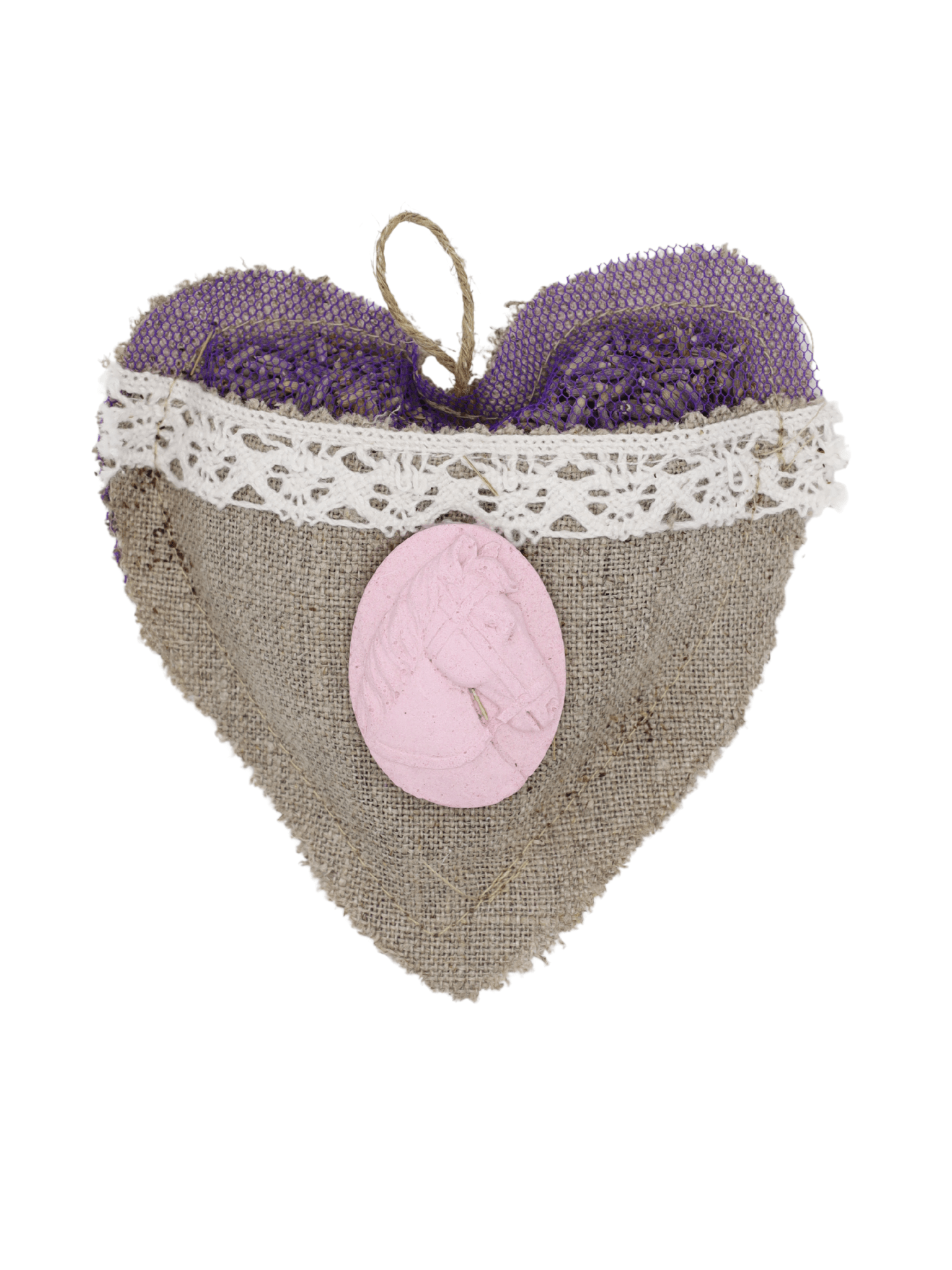 Sachet parfumé cœur Camay Cheval pochon garni de fleurs de lavande, médaillon cheval, déco armoire ou tiroir, fabrication artisanale Drômoise