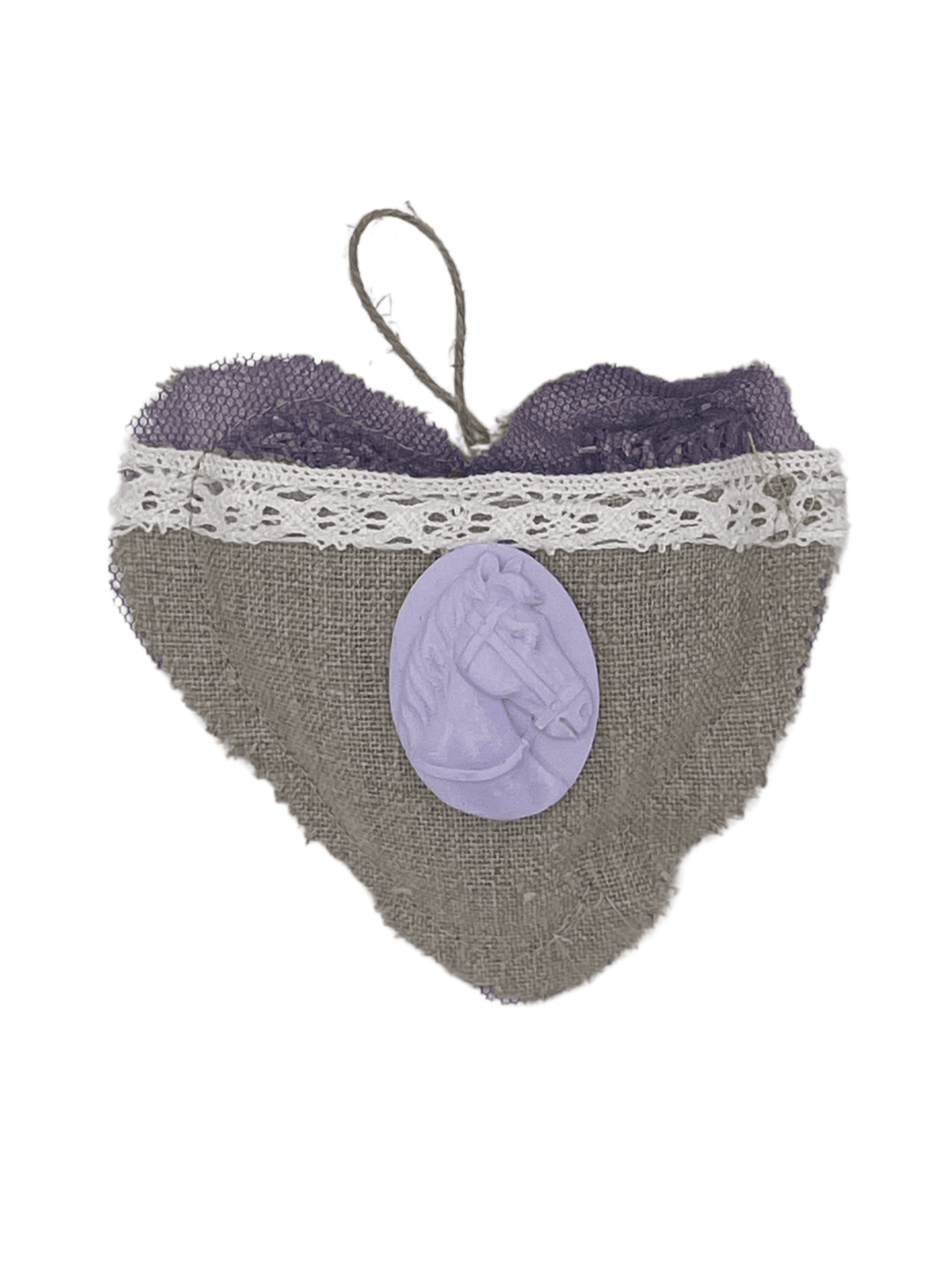Sachet parfumé cœur Camay Cheval pochon garni de fleurs de lavande, médaillon cheval, déco armoire ou tiroir, fabrication artisanale Drômoise