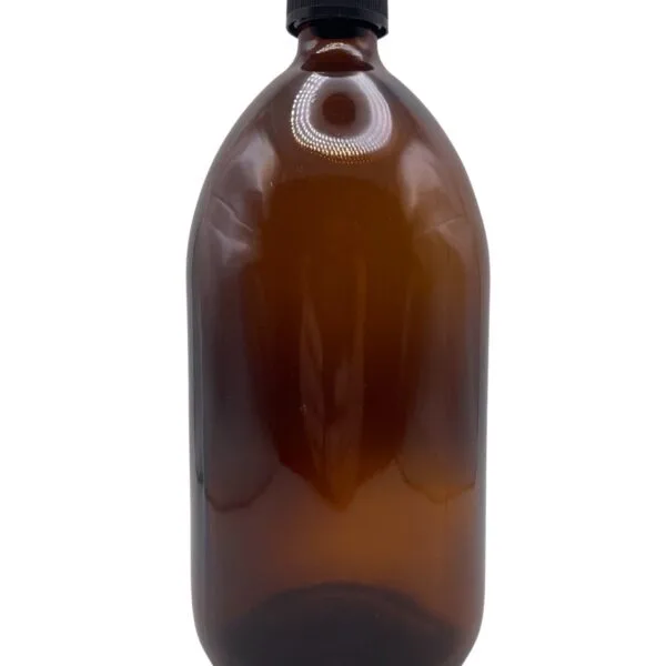 Flacon en verre jaune vide avec capsule noire à vis, idéal pour conserver huiles essentielles et préparations DIY à l’abri de la lumière.