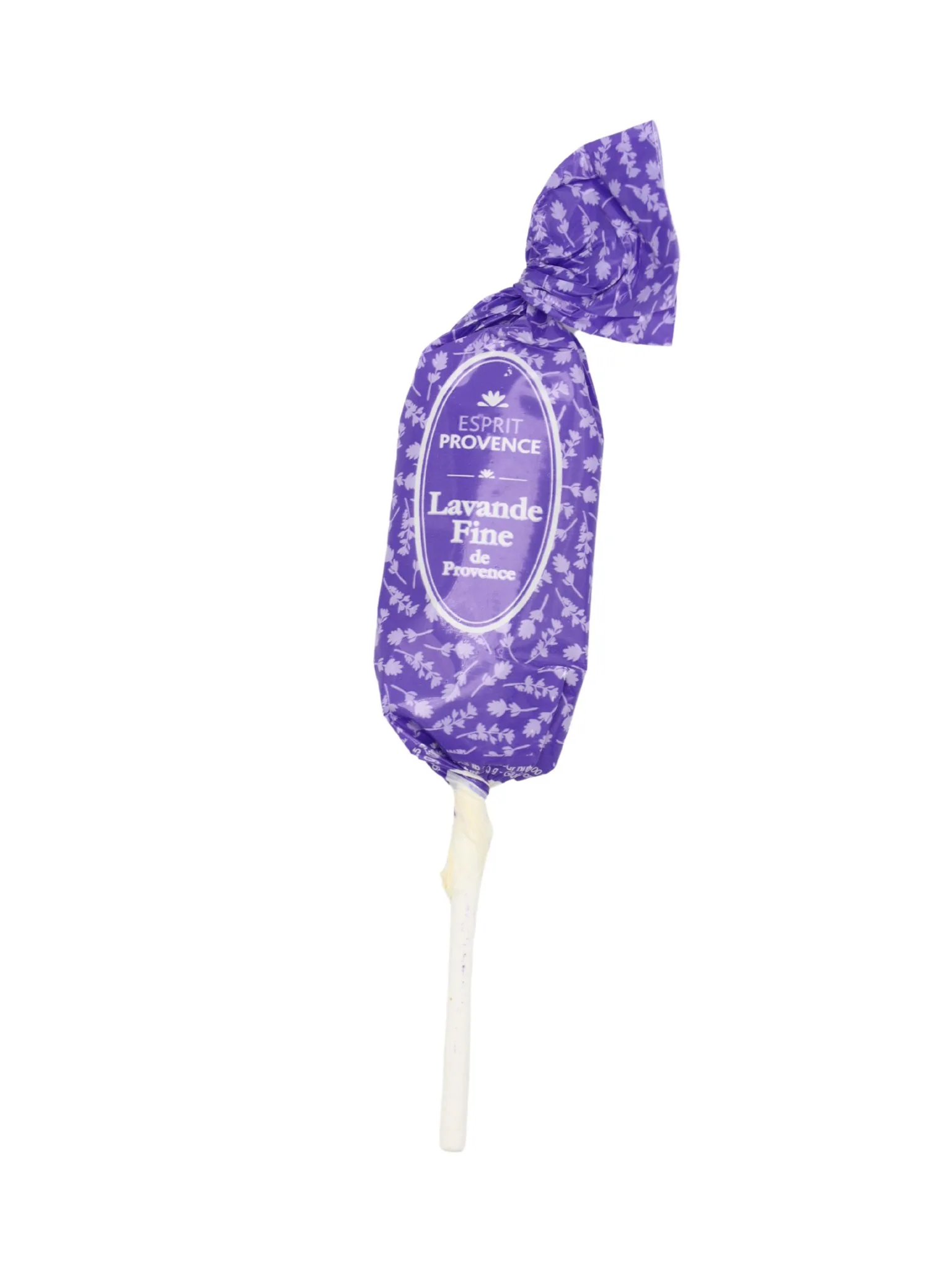 Sucette à la lavande violette, 20 g, emballée sous film, parfumée à l’huile essentielle AOP, fabrication provençale, présentée sur fond clair.