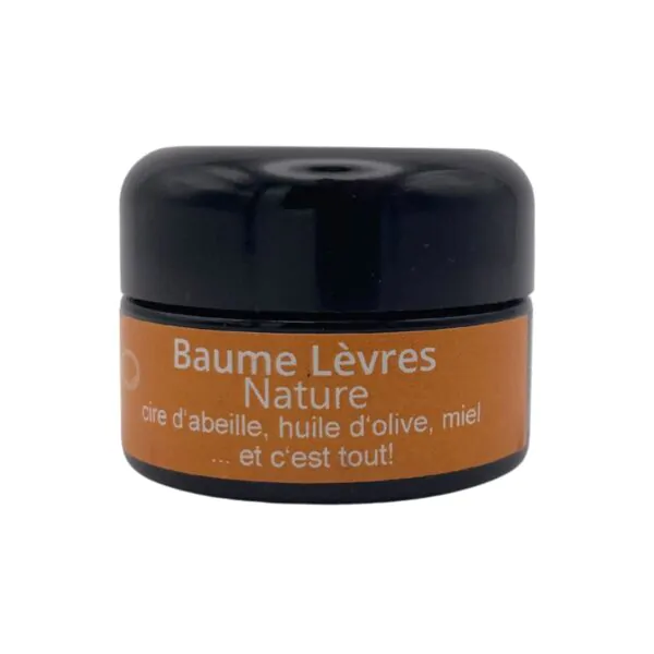 Baume lèvres nature cire d’abeille huile d’olive miel en pot, soin nourrissant protecteur.