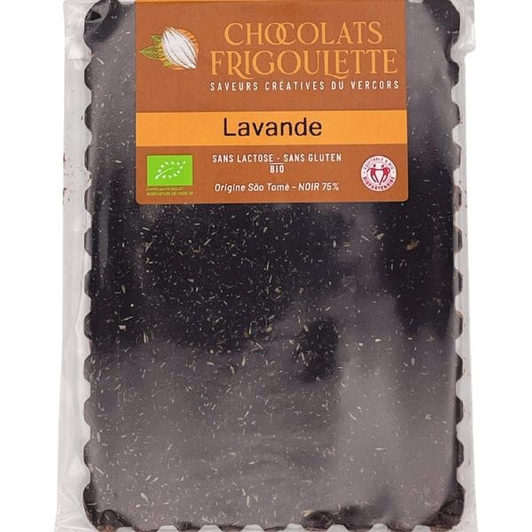 Chocolat noir 75 % BIO à la lavande Chocolats Frigoulette, 100 g, sans lactose, sans gluten, Vercors.