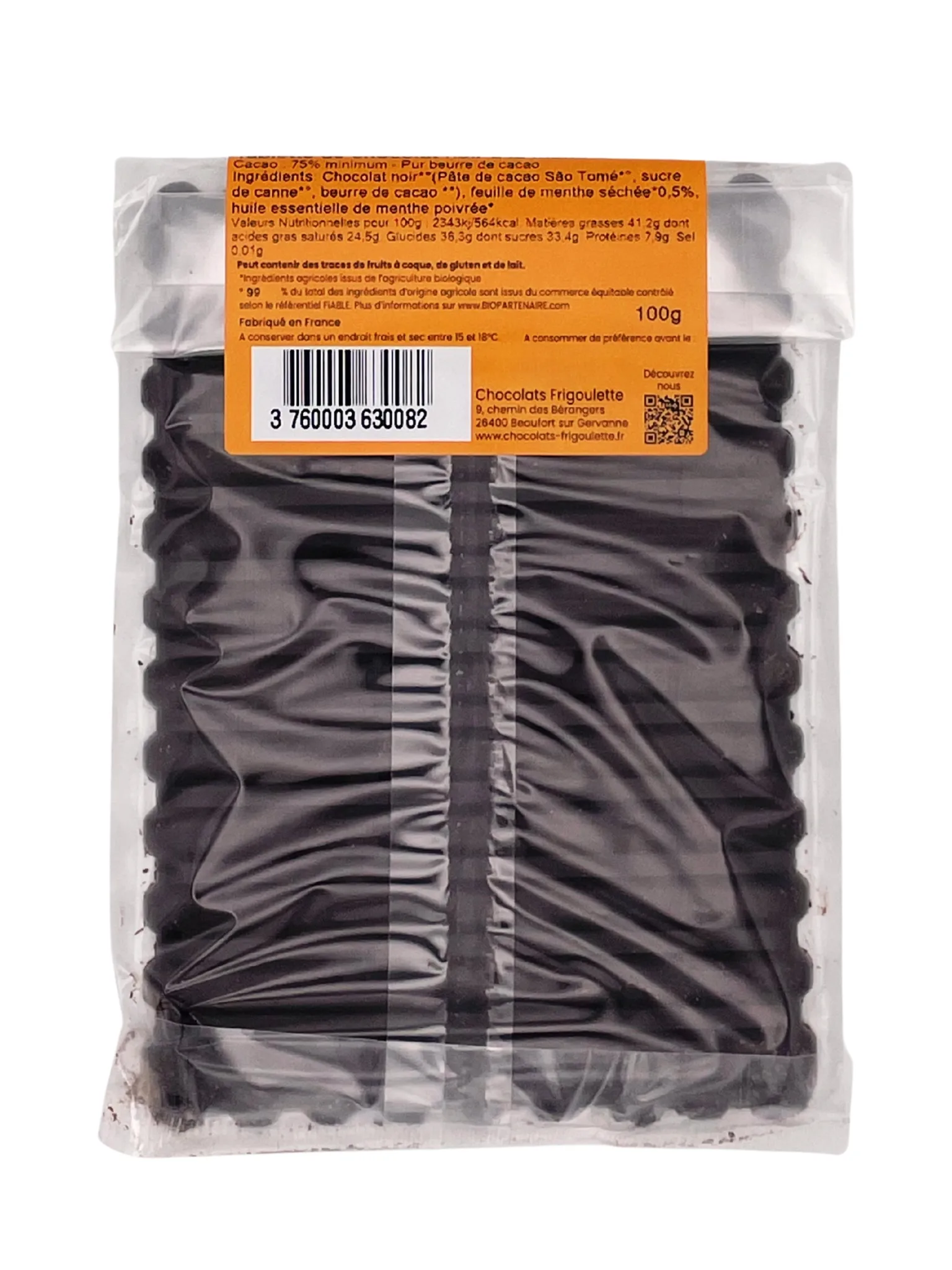 Chocolat noir 75 % BIO à la menthe Chocolats Frigoulette, 100 g, sans lactose, sans gluten, Vercors.