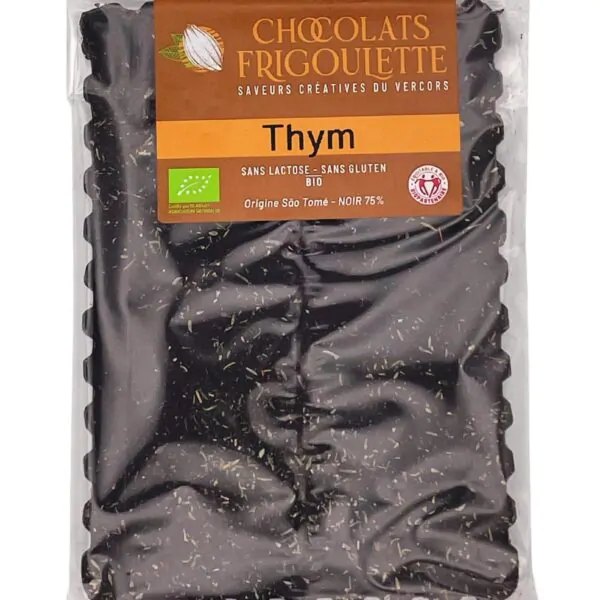 Tablette chocolat noir 75 % BIO au thym Chocolats Frigoulette, origine São Tomé, sans lactose, sans gluten, spécialité du Vercors.