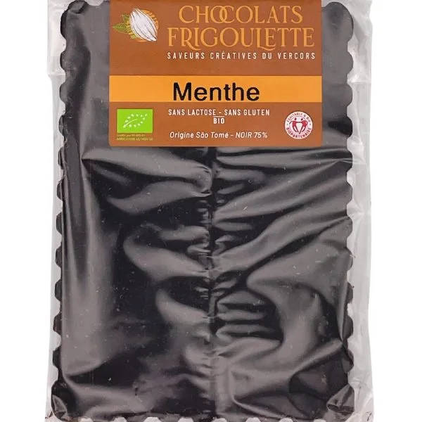 Chocolat noir 75 % BIO à la menthe Chocolats Frigoulette, 100 g, sans lactose, sans gluten, Vercors.