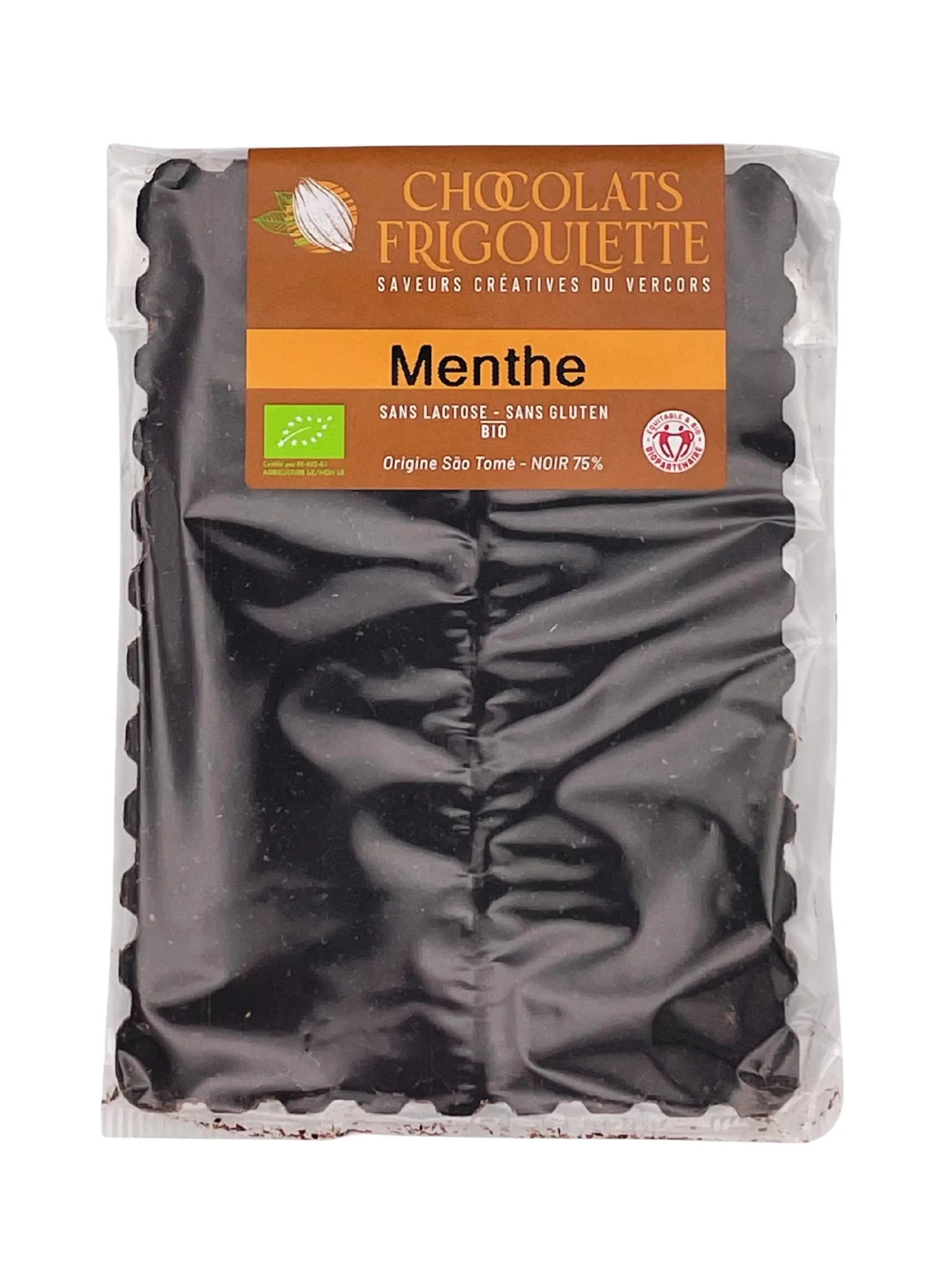 Chocolat noir 75 % BIO à la menthe Chocolats Frigoulette, 100 g, sans lactose, sans gluten, Vercors.