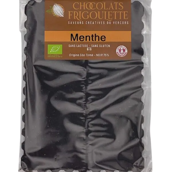 Chocolat noir 75 % BIO à la menthe Chocolats Frigoulette, 100 g, origine São Tomé, sans lactose, sans gluten, Vercors.