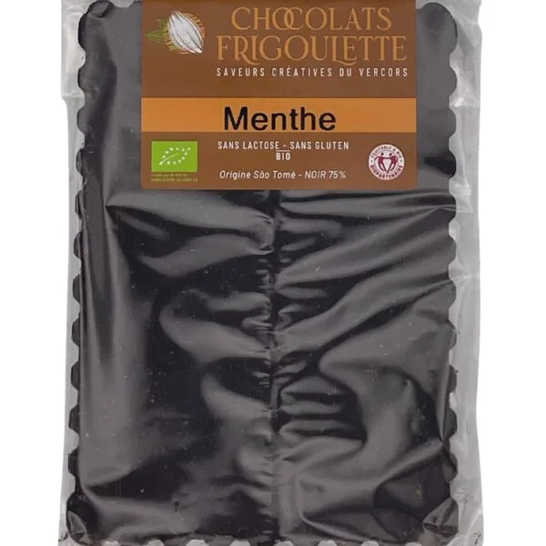 Chocolat noir 75 % BIO à la menthe Chocolats Frigoulette, 100 g, origine São Tomé, sans lactose, sans gluten, Vercors.