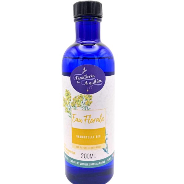 Hydrolat d’immortelle BIO 200 ml Distillerie des 4 Vallées, flacon PET bleu recyclable, distillée à Chamaloc, tonique visage rougeur et contour des yeux.