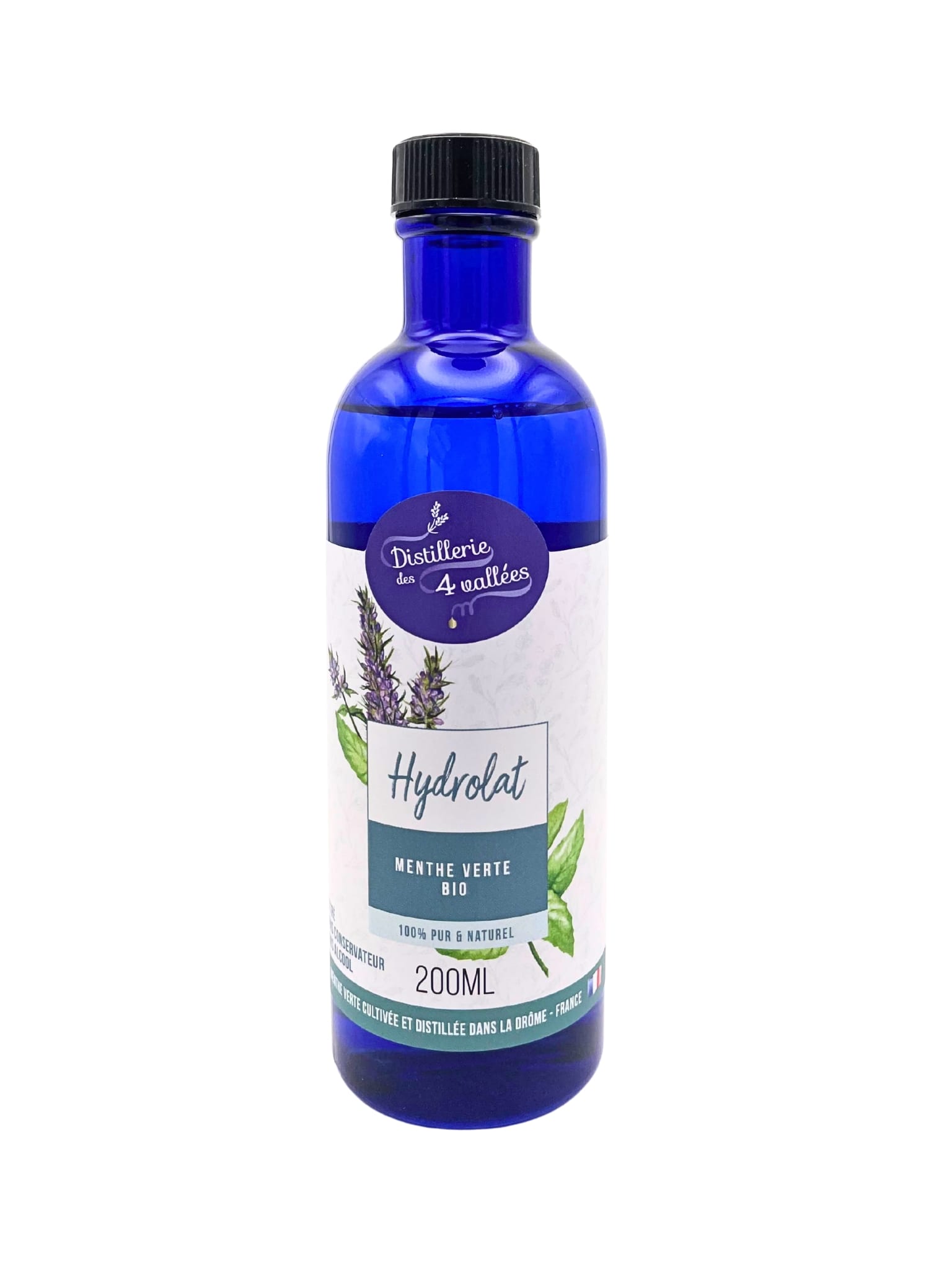 Hydrolat de menthe verte BIO 200 ml Distillerie des 4 Vallées, flacon plastique bleu recyclable, distillé à Chamaloc, tonique visage rafraîchissant.
