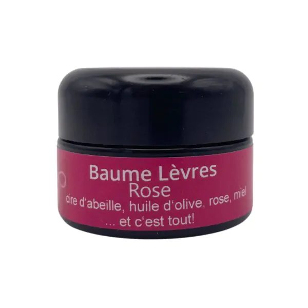 Baume lèvres à la rose cire d’abeille huile d’olive miel, pot noir, soin protecteur.
