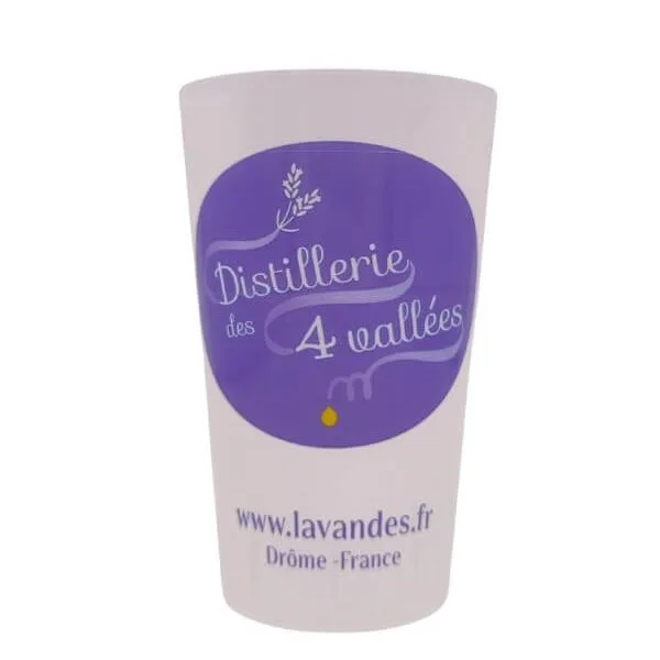 éco cup Distillerie des 4 Vallées · gobelet réutilisable gradué 5–20 cl · logo lavande