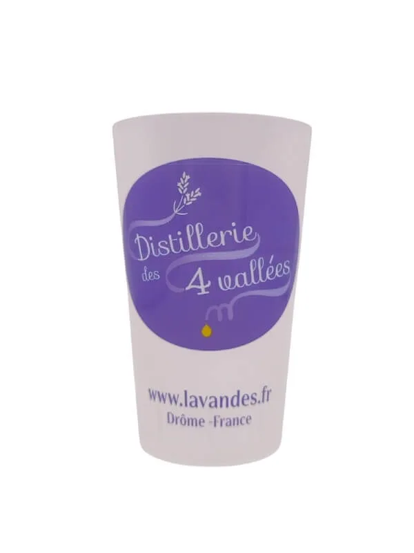 éco cup Distillerie des 4 Vallées · gobelet réutilisable gradué 5–20 cl · logo lavande