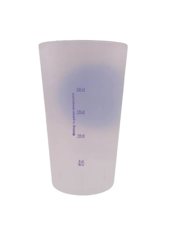 éco cup Distillerie des 4 Vallées · gobelet réutilisable gradué 5–20 cl · logo lavande