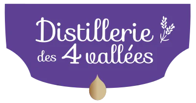 logo simple decoré distillerie des 4 vallées fond violet sur texte blanc