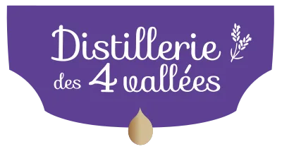 logo simple decoré distillerie des 4 vallées fond violet sur texte blanc