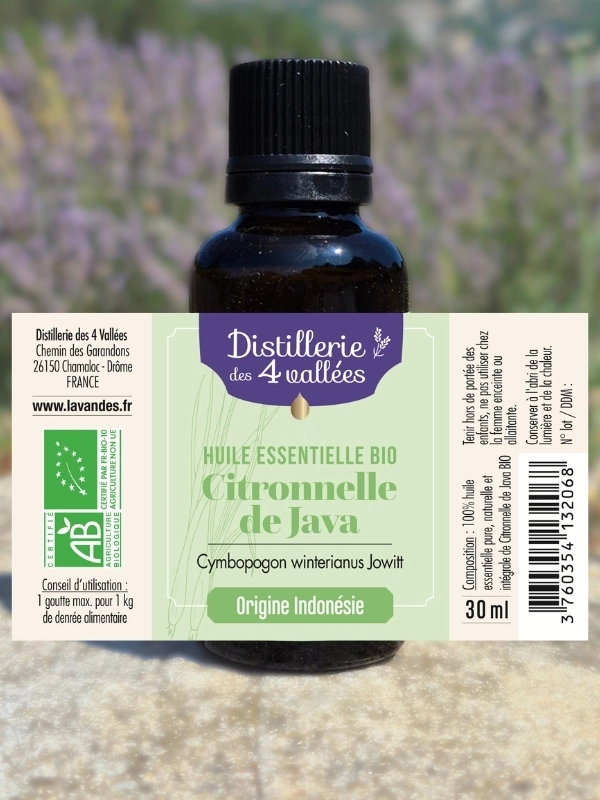 Étiquette détaillée de l'huile essentielle de Citronnelle de Java Bio, certification AB FR-BIO-10