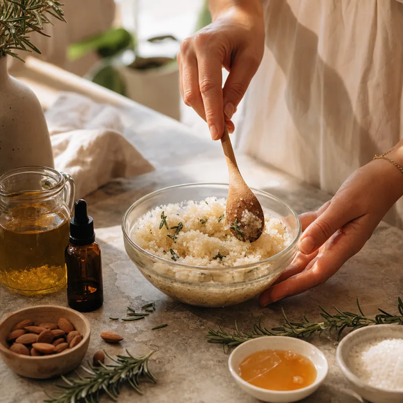 Créez votre propre gommage doux à l'huile essentielle de romarin pour une peau éclatante et revitalisée