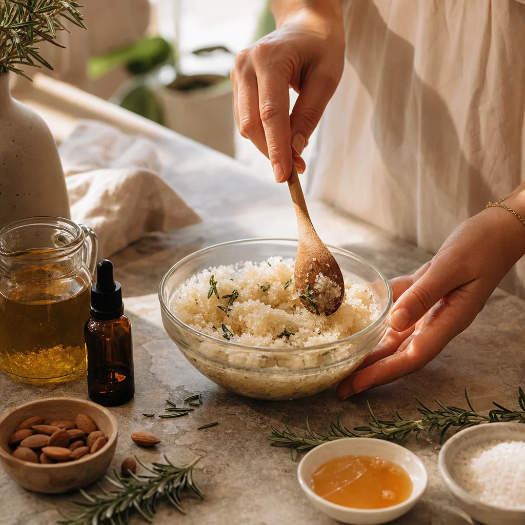 Créez votre propre gommage doux à l'huile essentielle de romarin pour une peau éclatante et revitalisée