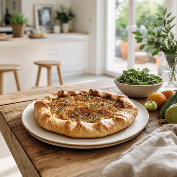 Tarte rustique aux oignons confits au vinaigre à la lavande et au miel de garrigue provençal