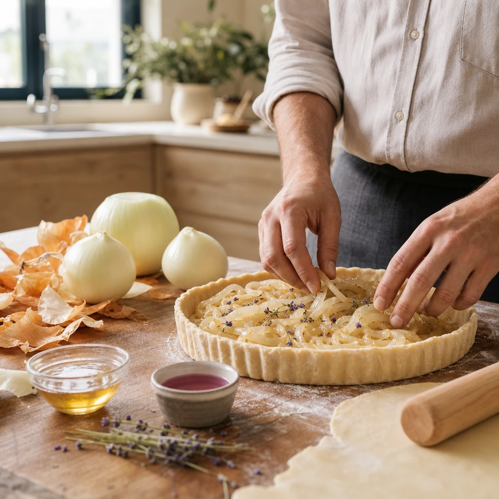 Tarte rustique aux oignons confits au vinaigre à la lavande et au miel de garrigue provençal