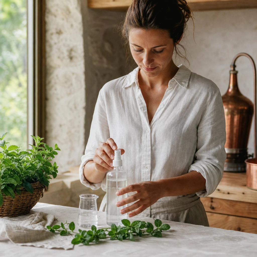 Huile essentielle menthe poivrée : production, différence avec l’hydrolat et usages doux au quotidien