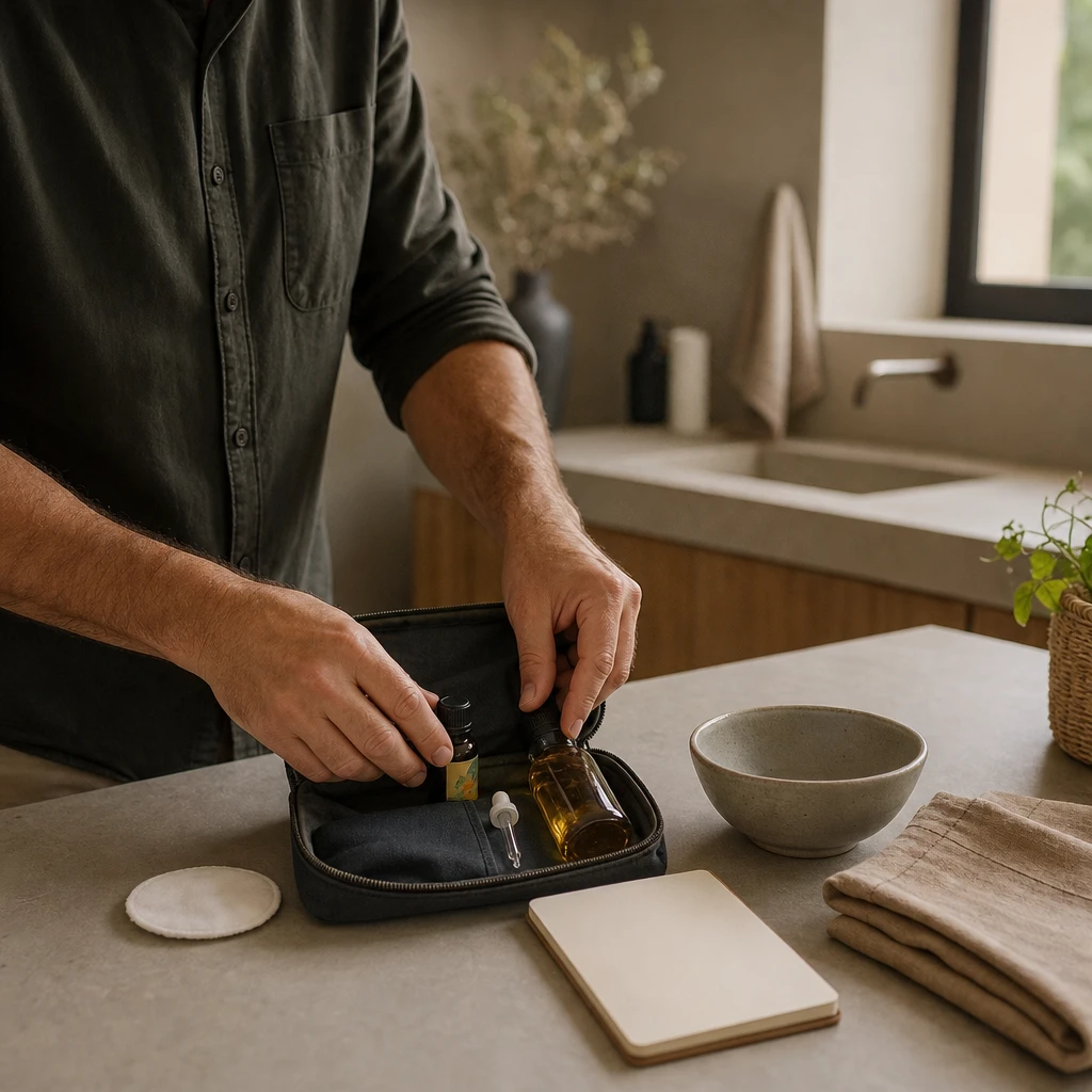 Huile essentielle d’hélichryse italienne et accessoires pour composer une trousse d’aromathérapie