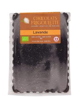 Chocolat noir 75 % BIO à la lavande Chocolats Frigoulette, 100 g, sans lactose, sans gluten, Vercors.