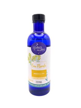 Hydrolat d’immortelle BIO 200 ml Distillerie des 4 Vallées, flacon PET bleu recyclable, distillée à Chamaloc, tonique visage rougeur et contour des yeux.