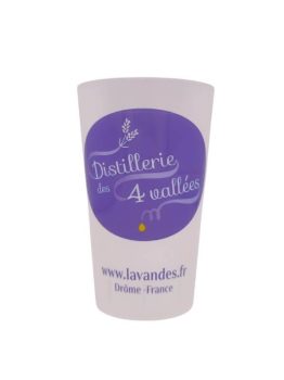éco cup Distillerie des 4 Vallées · gobelet réutilisable gradué 5–20 cl · logo lavande